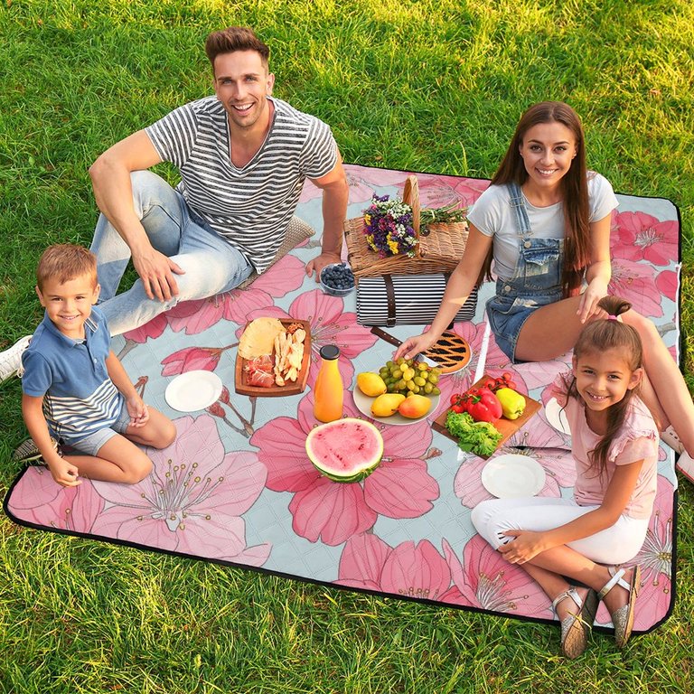 Pink Cherry Blossom Seamless Pattern Outdoor Picnic Blanket