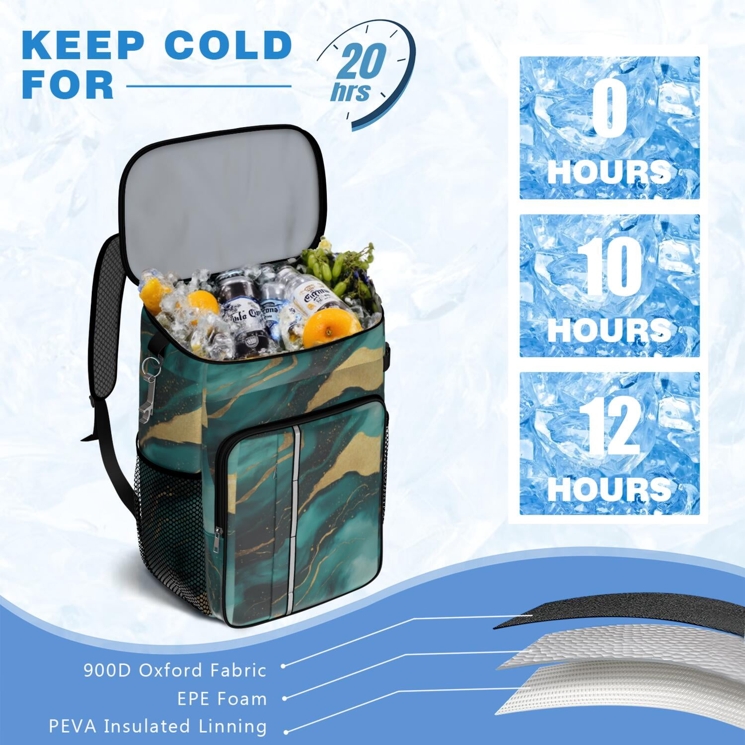 Travel Cooler Bag - Teal Gold Marble Camping Beer Cooler Backpack with Bottle Opener- Waterproof Insulated Picnic Backpacks - Cooler Bag for Beach