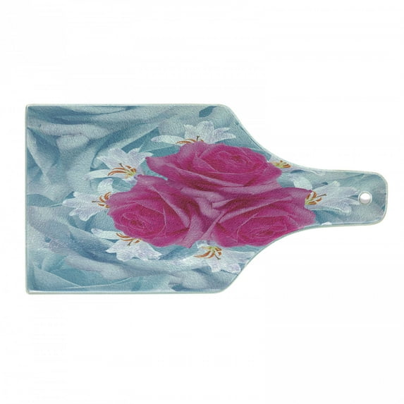 Rose Cutting Board, Graphic of Roses and Lilies with Soft Pastel Colors Nature Blooms Springtime Theme, Tempered Glass Cutting and Serving Board, Wine Bottle Shape, Fuchsia Blue, by Ambesonne