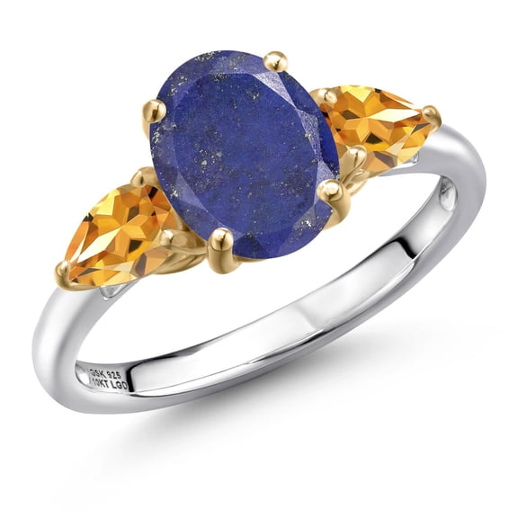 Gem Stone King 925 Silver and 10K Yellow Gold Blue Lapis and Yellow Citrine Engagement Ring for Women | 2.66 Cttw | Oval 9X7MM | Gemstone Birthstone | Size 6