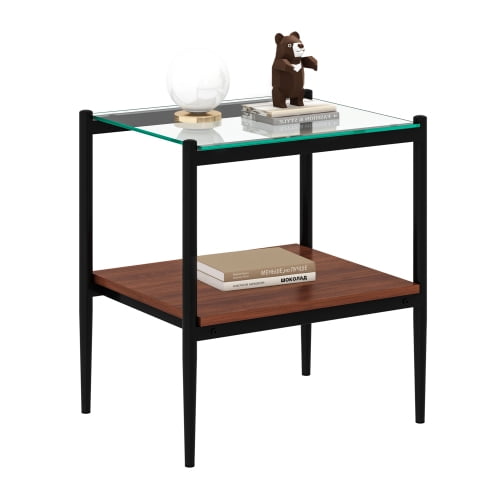 MOONMISS 2 Pack Rectangle End Table, Tempered Glass Top Side Table with MDF Frame, Modern Transparent Glass Accent Table for Living Room, Bedroom, Home Decor, Brown