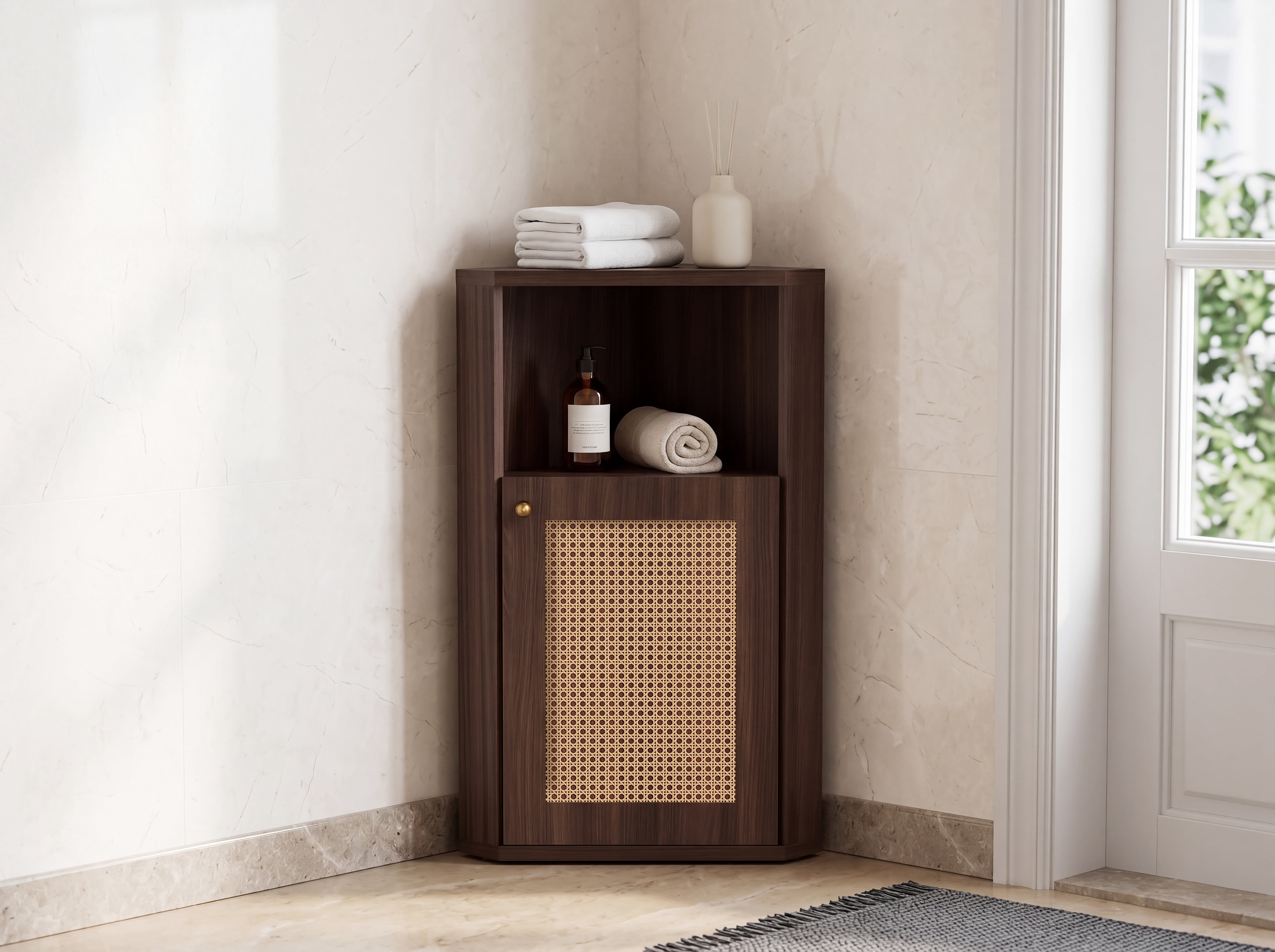 Mintazer Farmhouse Floor Corner Storage Cabinet with Open Storage, Barn Door & Adjustable Shelf for Bathroom, Living Room, Brown