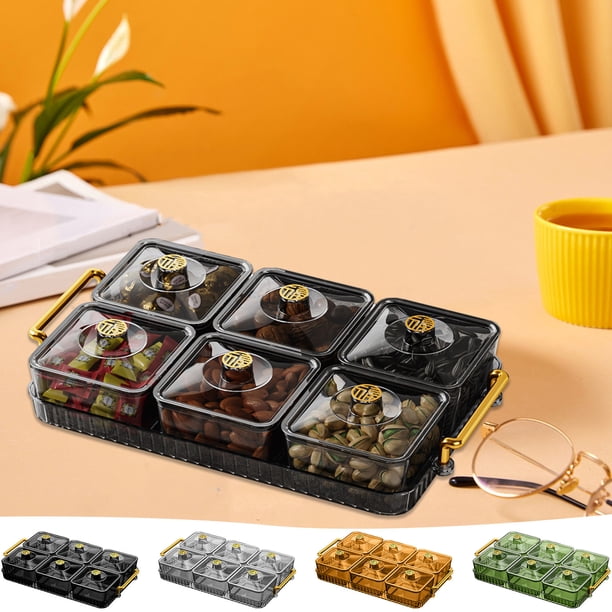 Bandeja de snacks compartimentada - 6 cajas de plástico con tapas para caramelos, frutos secos y almacenamiento de fruta - Gris, Blanco, Rosa, Verde