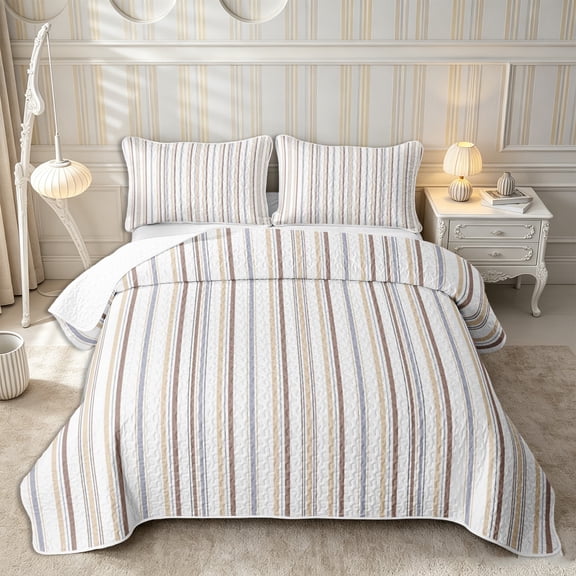 Castle Fairy Minimalist Vertical Stripe Twin Quilt Set 2 Pieces,Geometric Thin Line Twin Coverlet Set,Beige Brown Gray,1 Bedspread and 1 Pillowcase