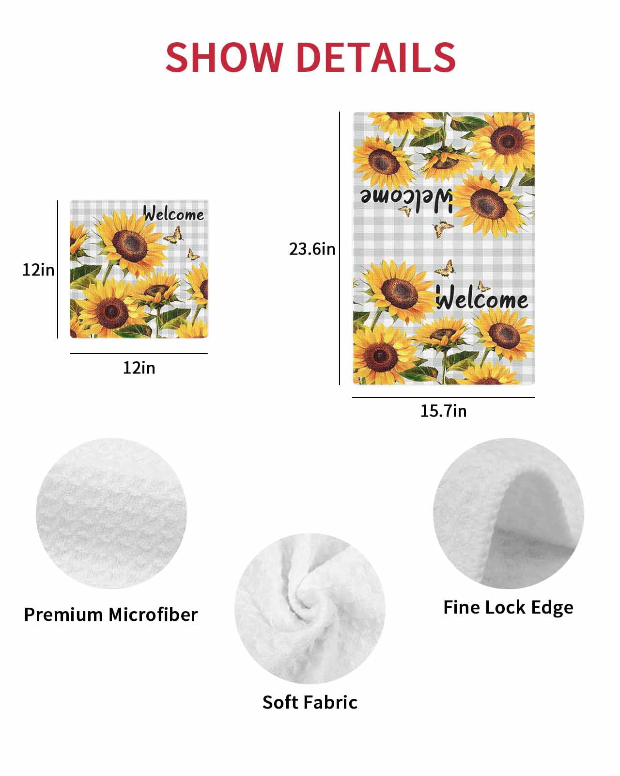 Yellow Sunflower Kitchen Dish Towels for Drying Dishes Set of 2, Butterfly Grey Buffalo Plaid Spring Waffle Weave Microfiber Terry Hand Tea Bathroom Towels Quick Dry & Absorbent Towel 15.7x23.6