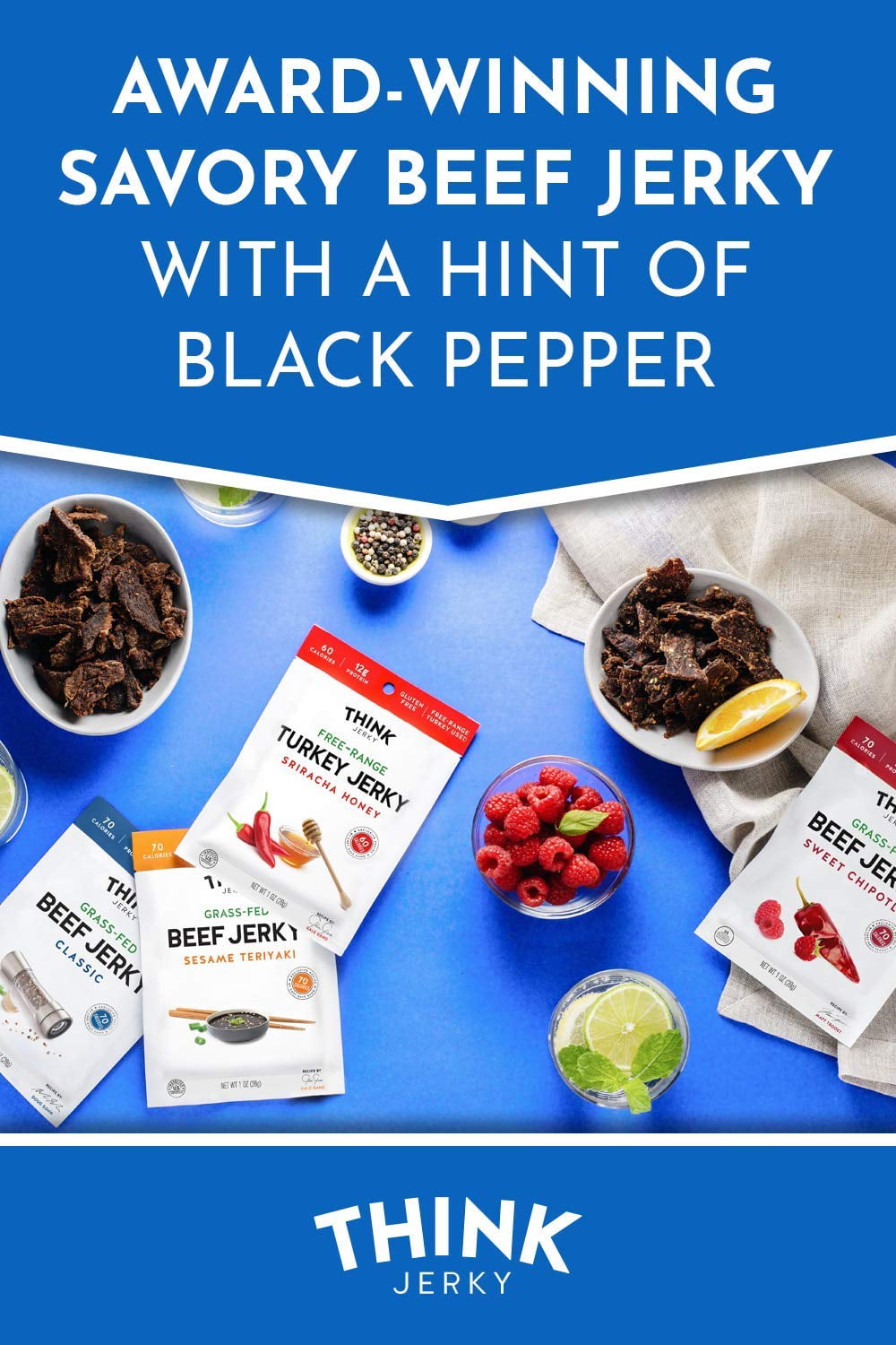 Think Jerky Classic Beef Jerky, Grass-Fed High Protein Beef Jerky, Gluten Free, No Antibiotics or Nitrates, Healthy Chef Crafted Recipe, Low Calorie and Low Fat - 2.2 oz Bags, 8 Pack