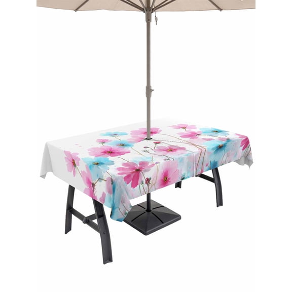 Outdoor Tablecloth with Umbrella Hole for Patio/Picnic/Party/Camping, Blue Pink Flowers Waterproof Table Cloth Rectangle Table Cover Washable, Spring Garden Floral Watercolor (60"x 102")