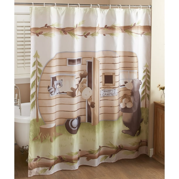Woodland Creatures Fabric Shower, Bear Happy Camper Shower Curtain