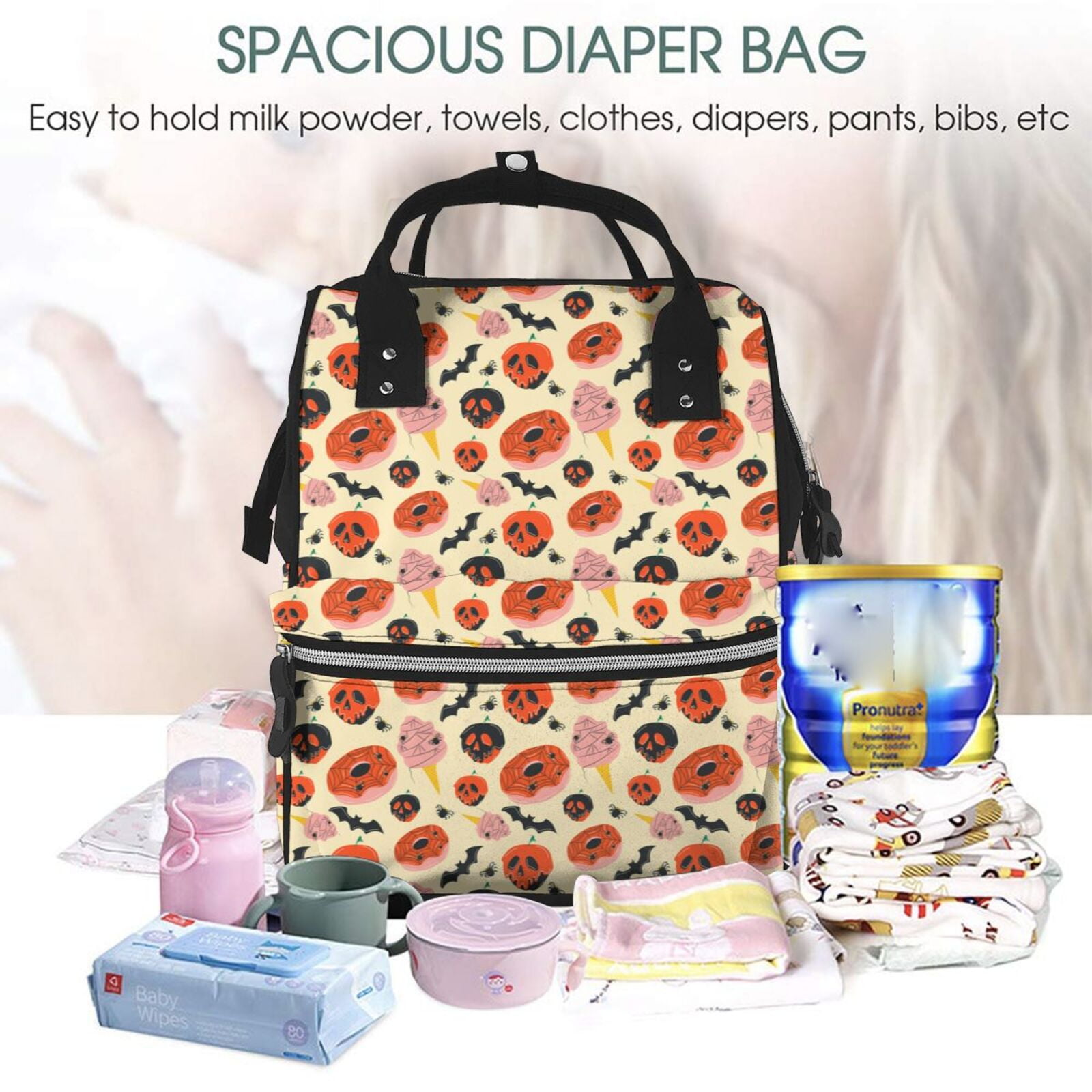 Fuzoiu Halloween Donut Print Diaper Bag Backpack,Baby Essentials Travel Tote,Multi function Waterproof Diaper Bag, Travel Essentials Baby Bag - Unisex