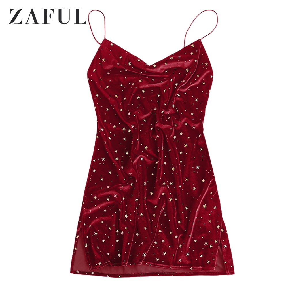stars side slit cowl front velvet dress ZAFUL Prom Dress for Women's Trendy Side Slit Stars Velvet Cami Short Dress  Deep Blue S