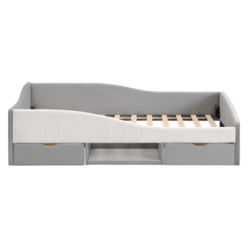 Twin Size Upholstered Daybed Frame, Low-Profile Storage Platform Bed with 2 Drawers and Open Compartment, Two-Tone Accent Kids Bed