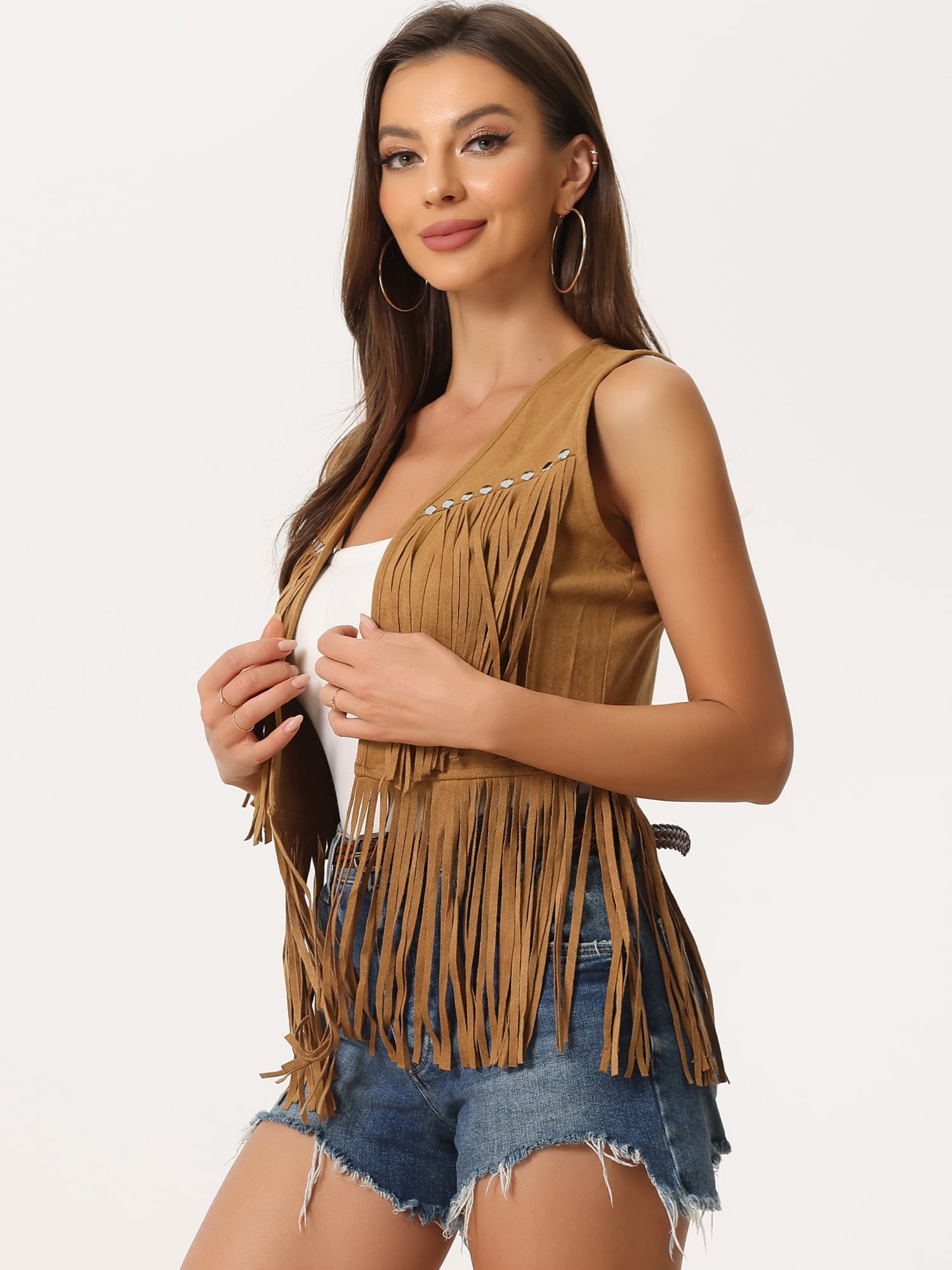 DARING DIVA Women's Fringe Vest Open Front Outfits Faux Suede Tassel Cardigan XS Yellow