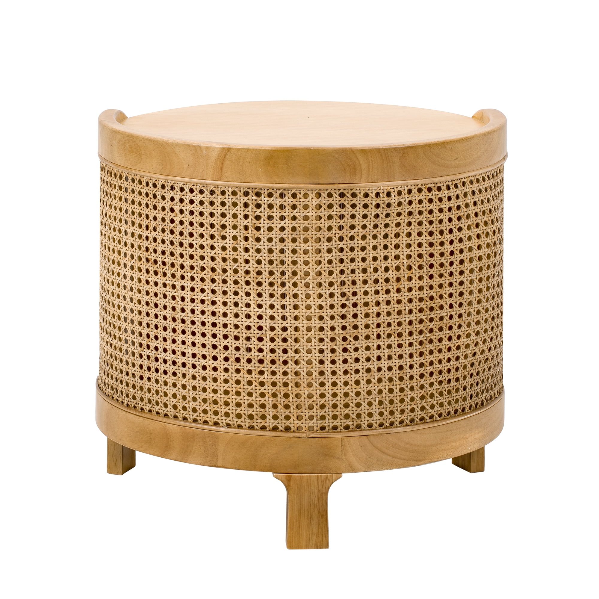 Round Coffee Table with Rattan Accents and Hidden Storage, 19.7-Inch Modern Rotating Side Table for Living Room, Antique Brown