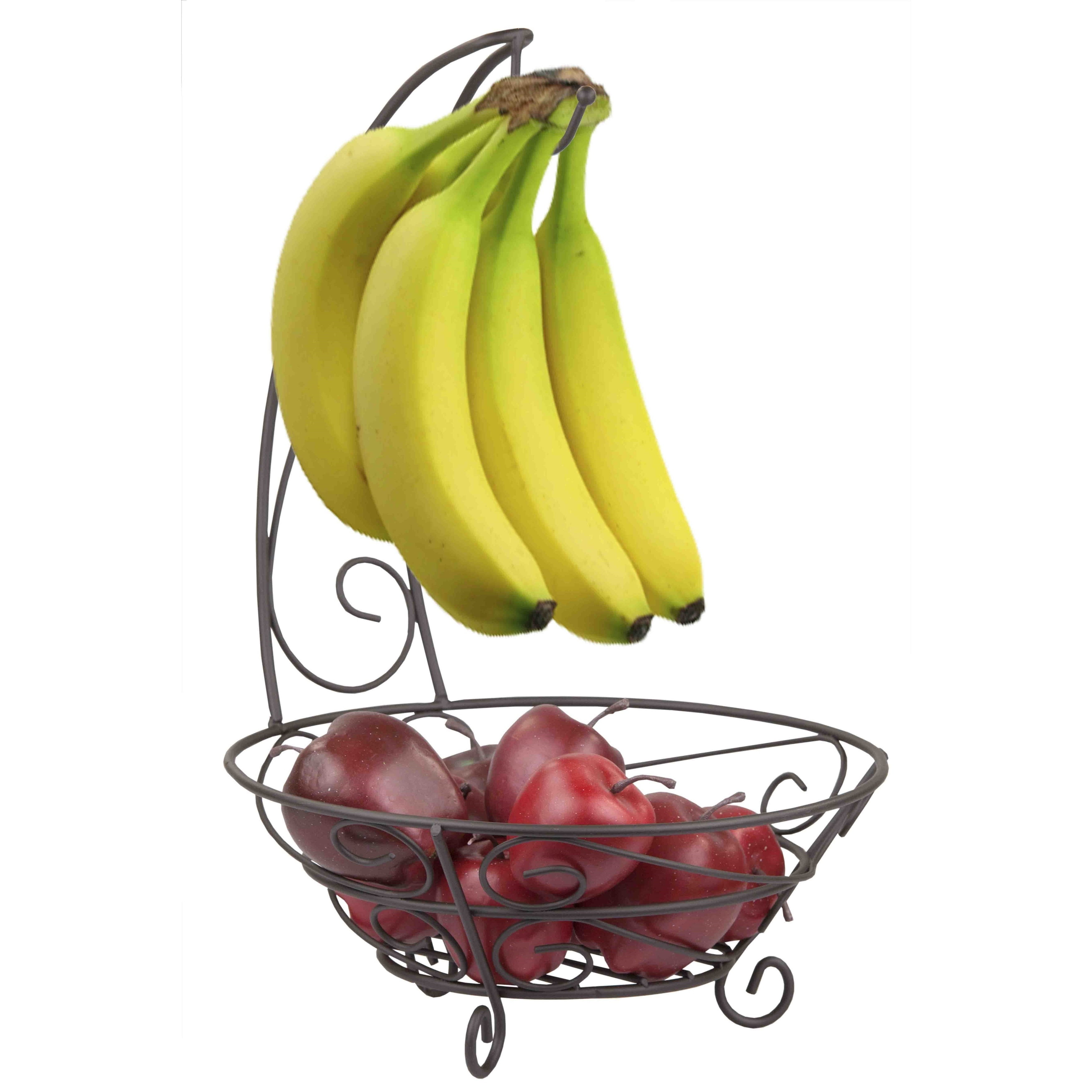 JMiles UH-FB244 Fruit Basket with Banana Hanger Sliver Black Wire Fruit Basket with Hook for Hanging Bananas Preserves Freshness and Saves Space 