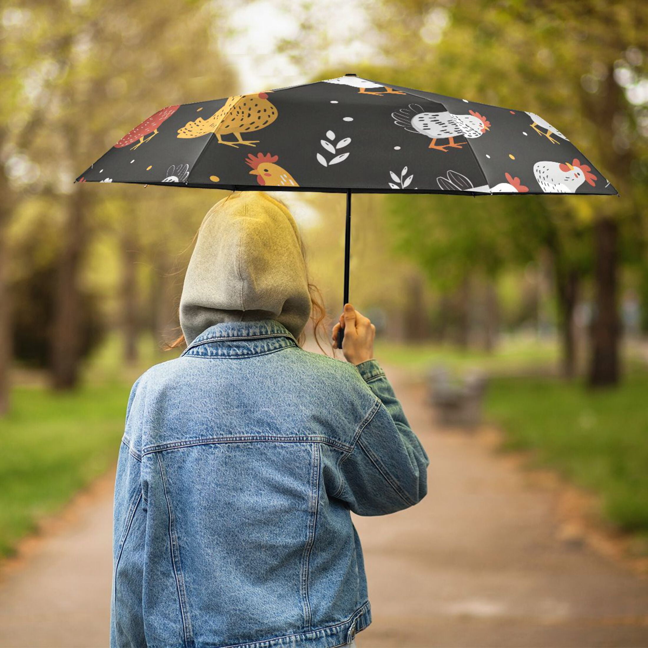 Cartoon Chicken and Leaf Compact Sun Umbrella Windproof Travel Umbrellas for Rain Strong Portable UV Protection