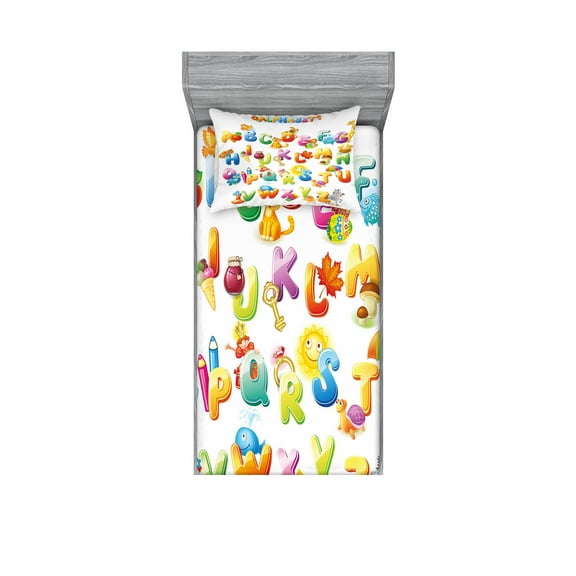 Ambesonne Science Fitted Sheet & Pillow Sham Set, Cartoon Alphabet, Twin, Multicolor