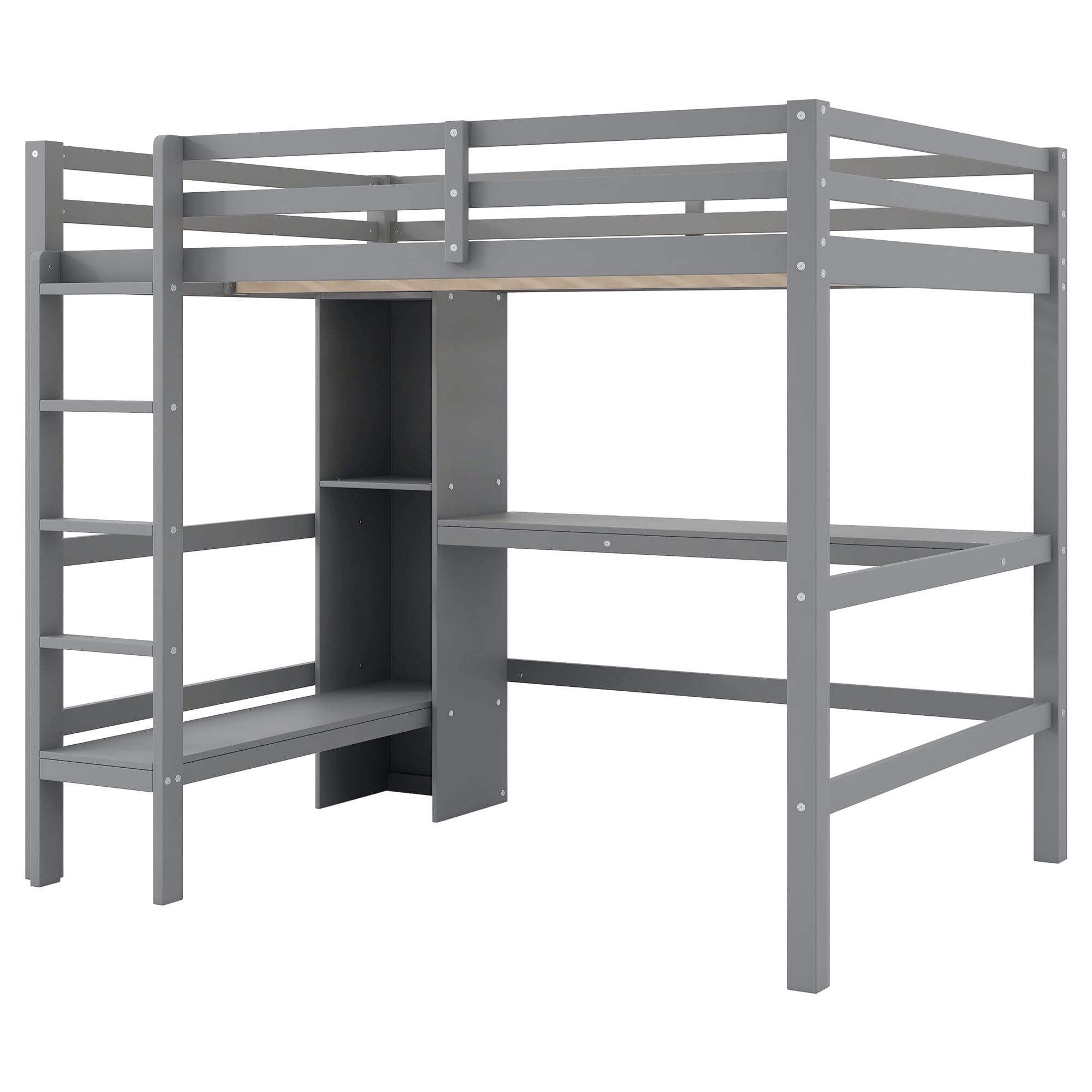 Euroco Full Size Loft Bed with Desk, Shelves and Cabinet for Kids Teens Room, Solid Wood Bed, Gray