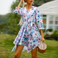 thumbnail image 3 of Vestido floral de mujer Irregular Media manga con cuello en V Cintura con cinturón Mini vestido info Abanopi Azul/XX-grande, 3 of 7