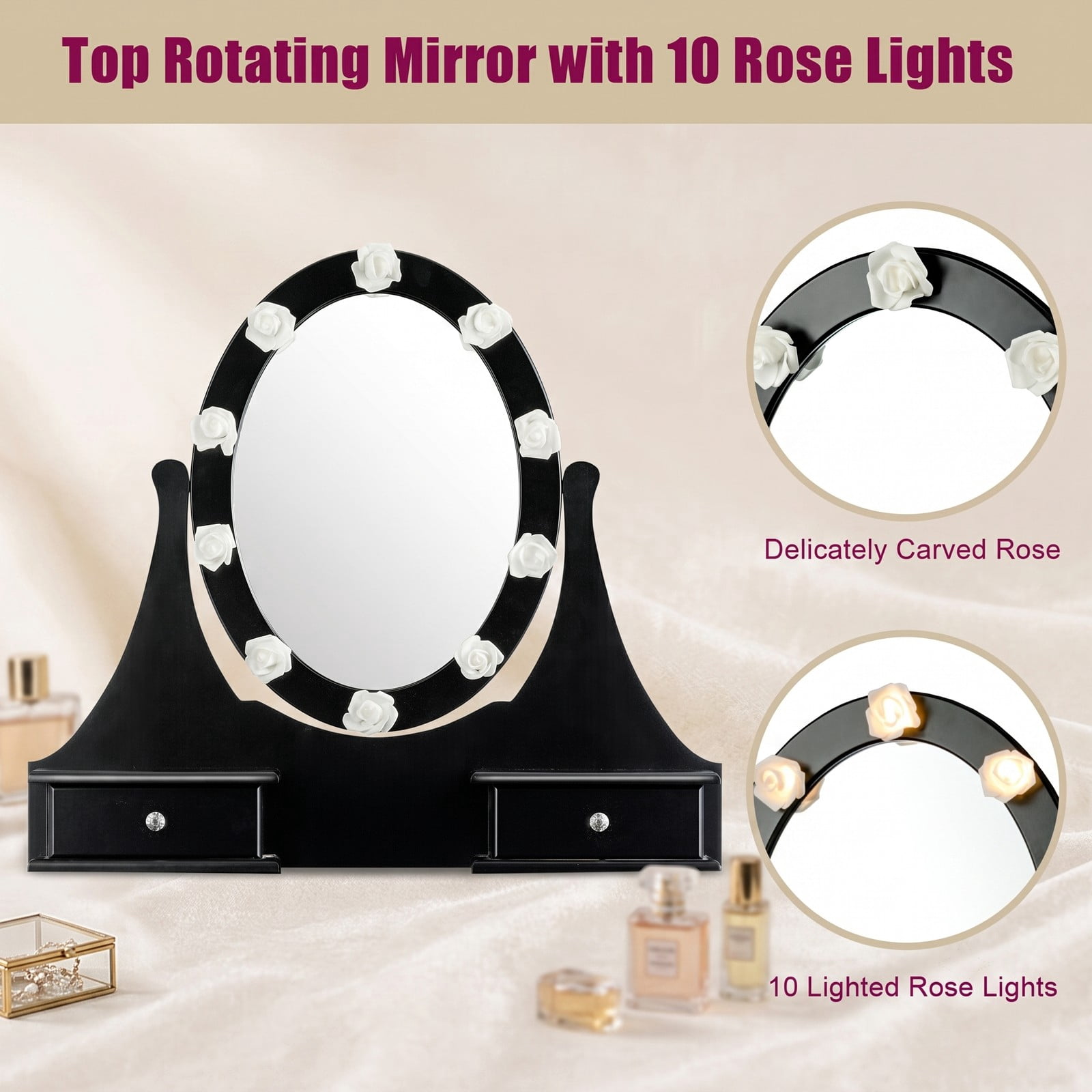 Furnibear Makeup Vanity Table Set with Lighted 360-Degree Rotating Mirror 3 Drawers Cushioned Stool for Bedroom, Black