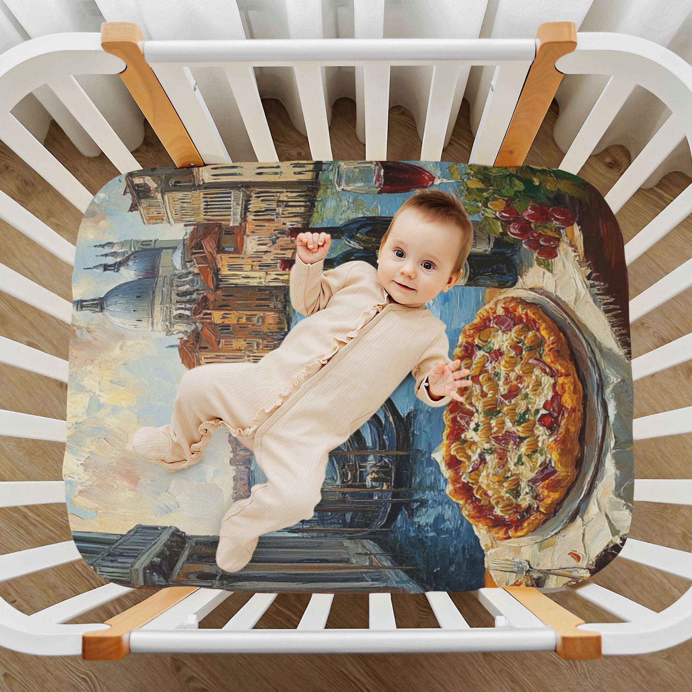 BZSMCE Ultra Soft Fitted Microfiber Crib Sheets for Newborn Baby Boys Girls Pizza and Wine by Canal Design Cute Pattern