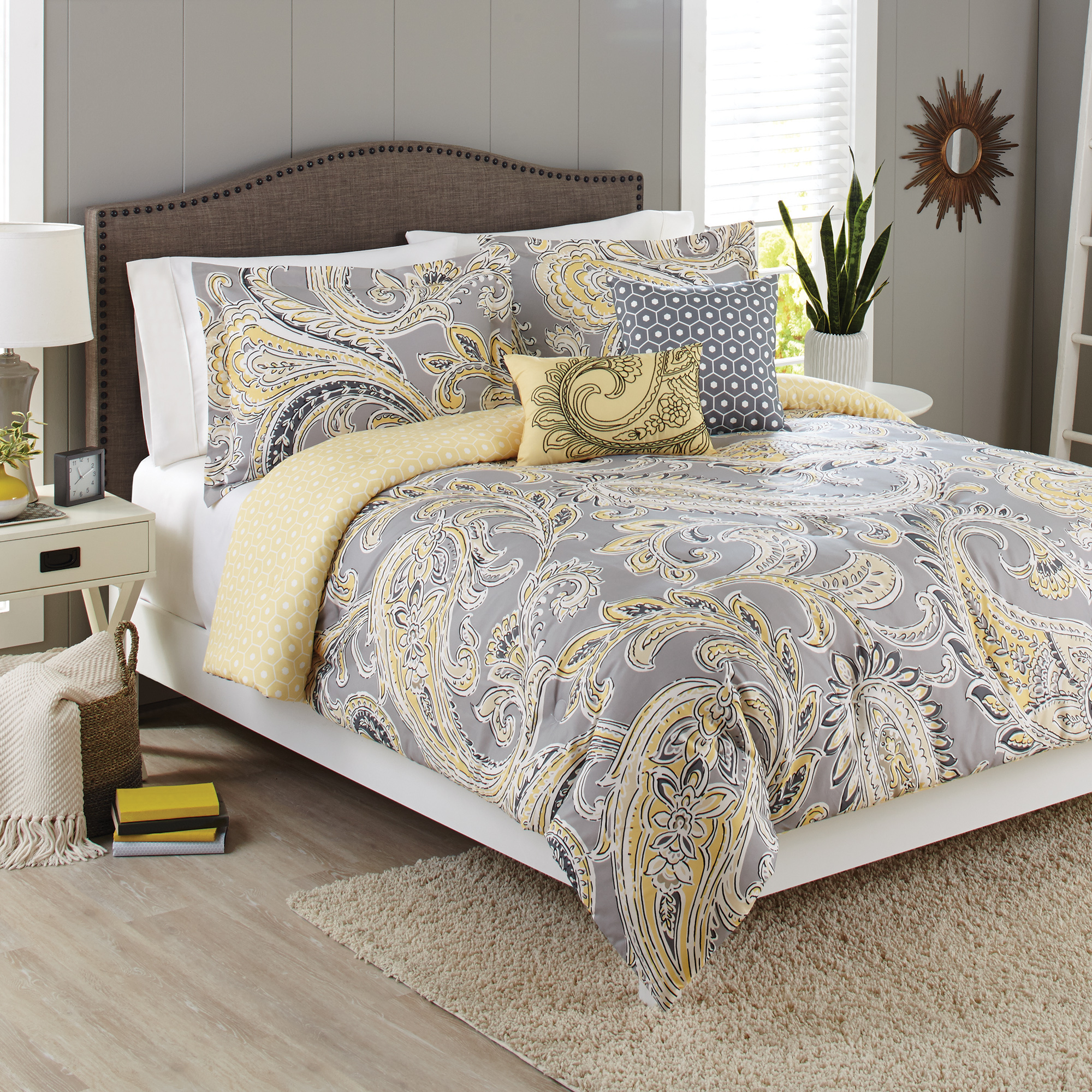 Comforter Set 5 Piece Yellow Grey Paisley Full Size 2 Shams 2