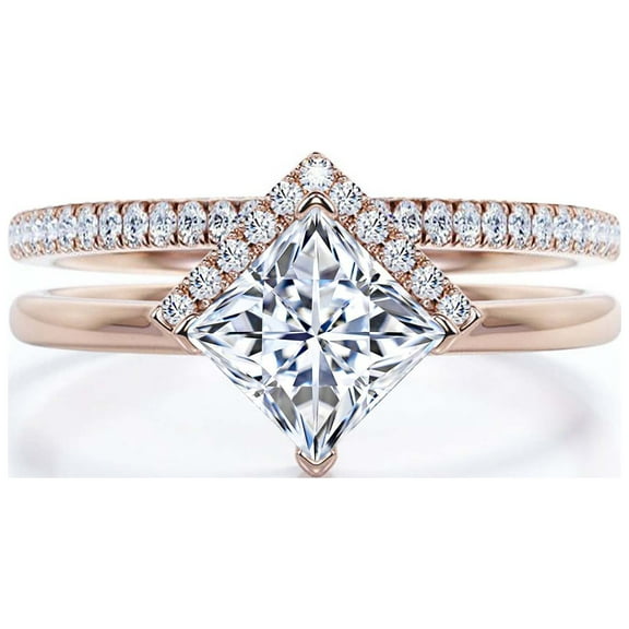 Boho & hippie 2.00 Carat Princess Cut Diamond Moissanite Dainty Engagement Ring, Classic Wedding Ring, One Matching Band in 925 Sterling Silver With 18k Rose Gold Plating, Gift For Her, Promise Ring