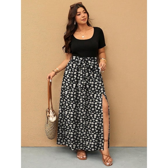 Plus Size Women Vacation Ditsy Floral Maxi Skirt with Side Slit and Tie Waist