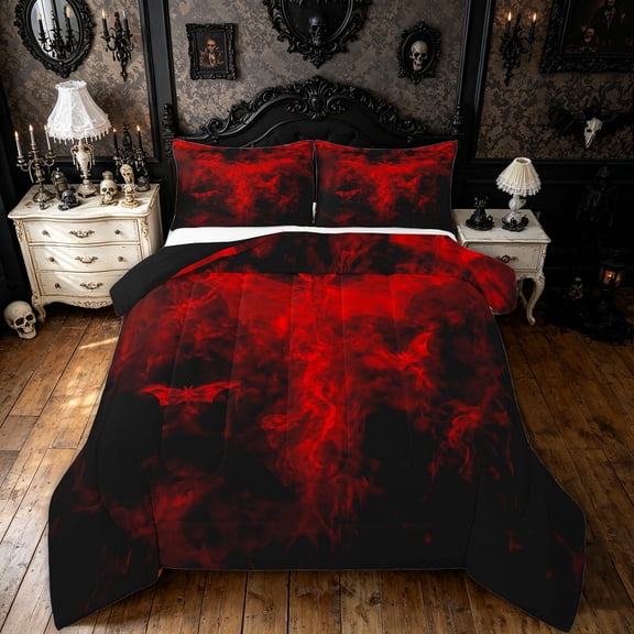 Feelyou Horror Bat Skull Full Size Comforter Sets, Red Butterfly Halloween Bedding Comforter Set, Black Reversible, 3pcs, 1 Comforter and 2 Pillowcases