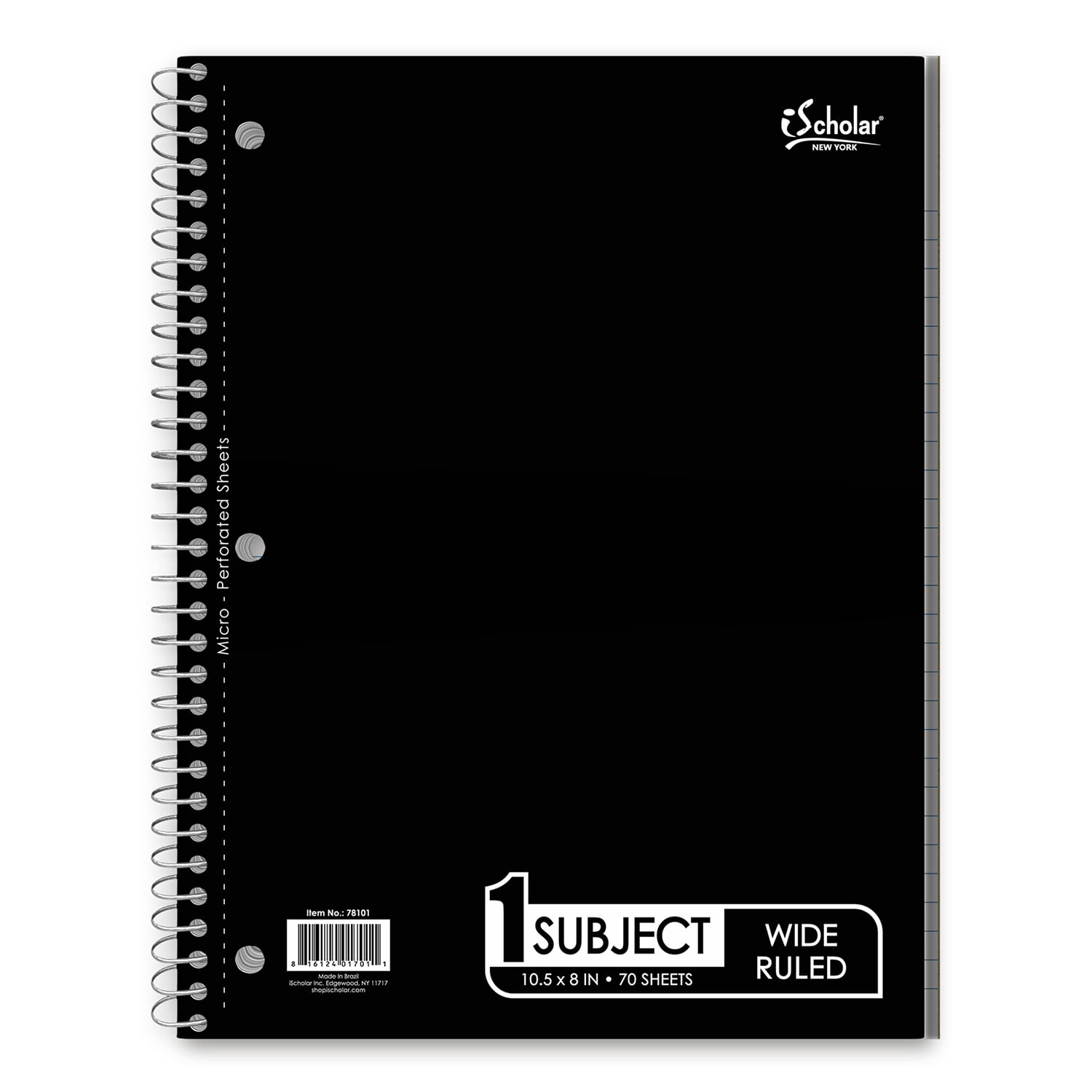 iScholar 1 Subject Notebook, 10.5' x 8', Wide Rule, 70 Sheets, Black (78101-BK)