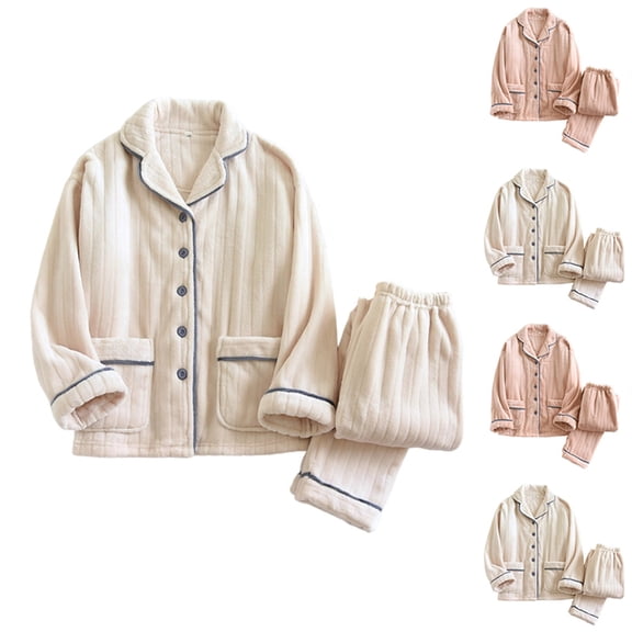 Matching Couples Pajamas Soft Winter Full Button Front Flannel Sleepwear Cozy Long Sleeve Two Piece Loungewear Home Outfit with Pockets Beige L