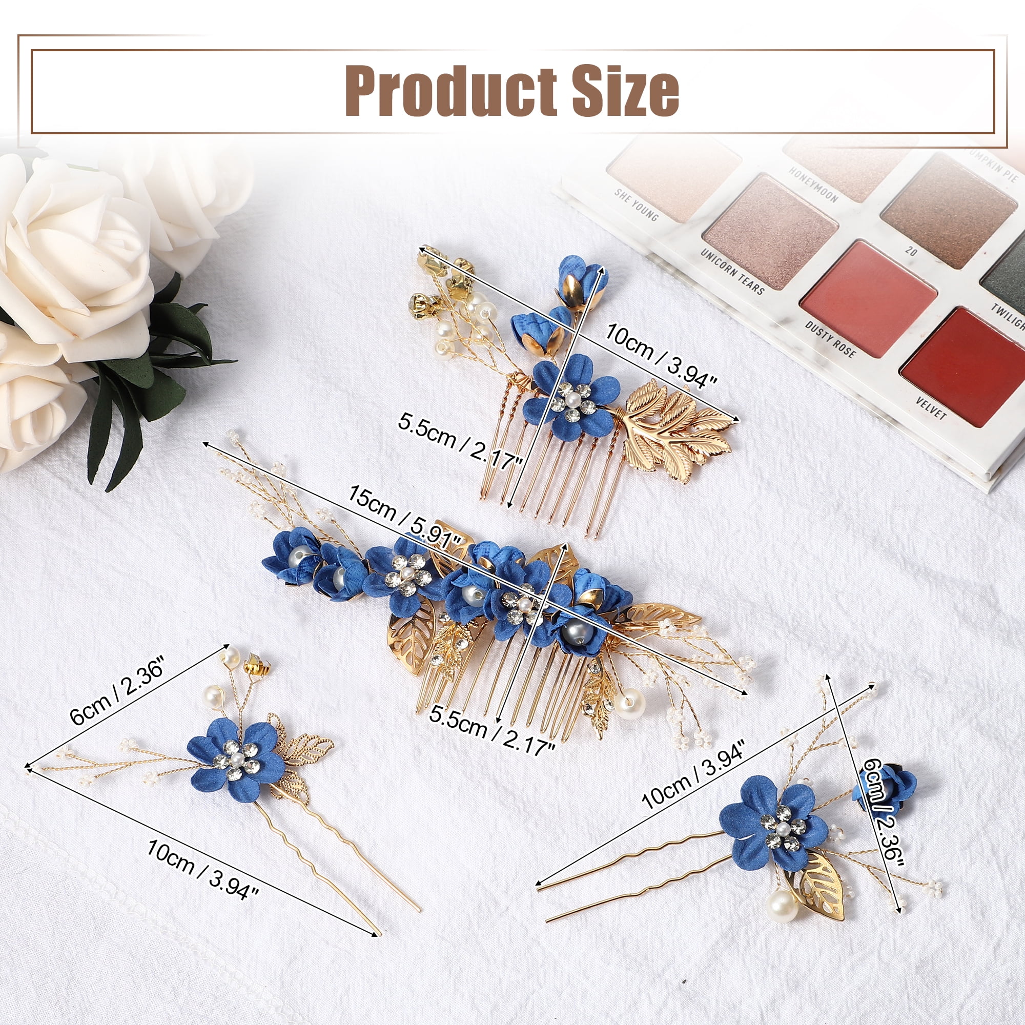 Unique Bargains 4 Pcs Rhinestone Hair Comb for Bride Flower Side Comb Headpiece Deep Blue