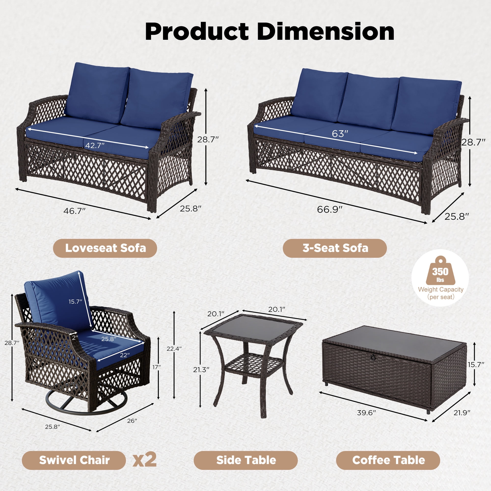 Vicluke 6 Piece Patio Furniture Set, Wicker Outdoor Conversation Sofa Set with Swivel Chairs, Loveseat, Storage Coffee Table, Rattan Outdoor Sectional for Deck Backyard Porch（7 Seats, Navy Blue)