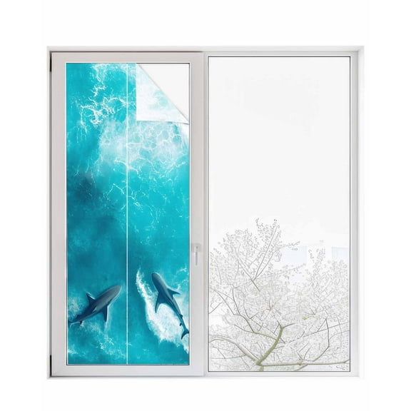 Window Privacy Film Teal Blue Ocean Shark Stained Glass Window Film Decorative Sun Block Window Cover Coastal Wave Summer Beach Window Clings Static Adhesive Sticker for Bathroom 23.6"x59"