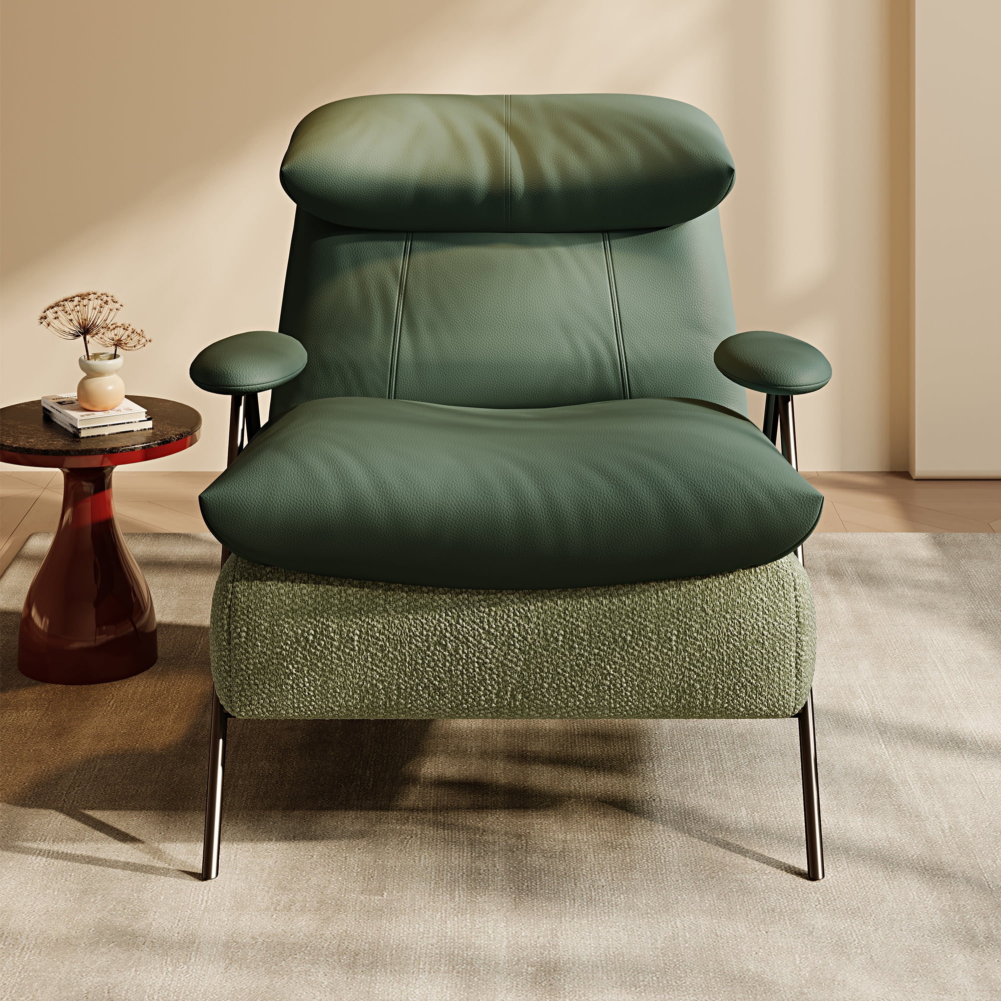 GARITIN Accent Chair and Reading Chair 31.8 Inch, Solid Wood Frame Lounge Chair with Chenille and Leather Upholstery for Living Room Bedroom, Green