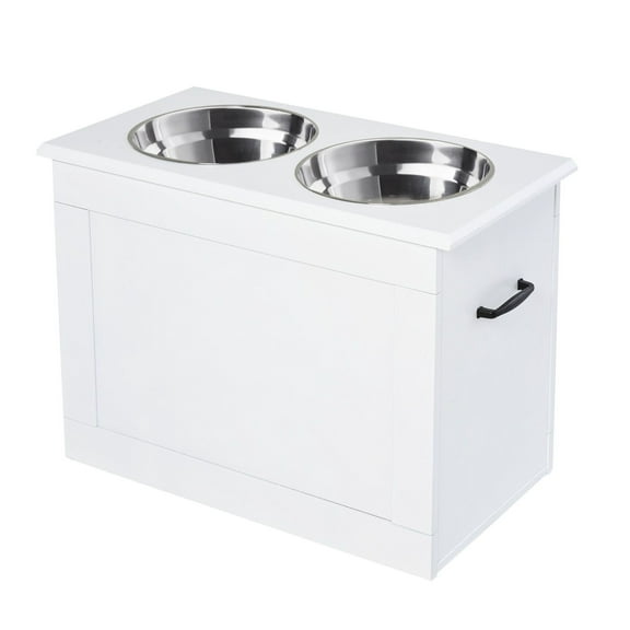 Raised Dog Bowls for Large Dogs - Elevated Pet Feeder with Storage - Stainless Steel Bowls - White Finish - Adjustable Height Stand for Big Pups