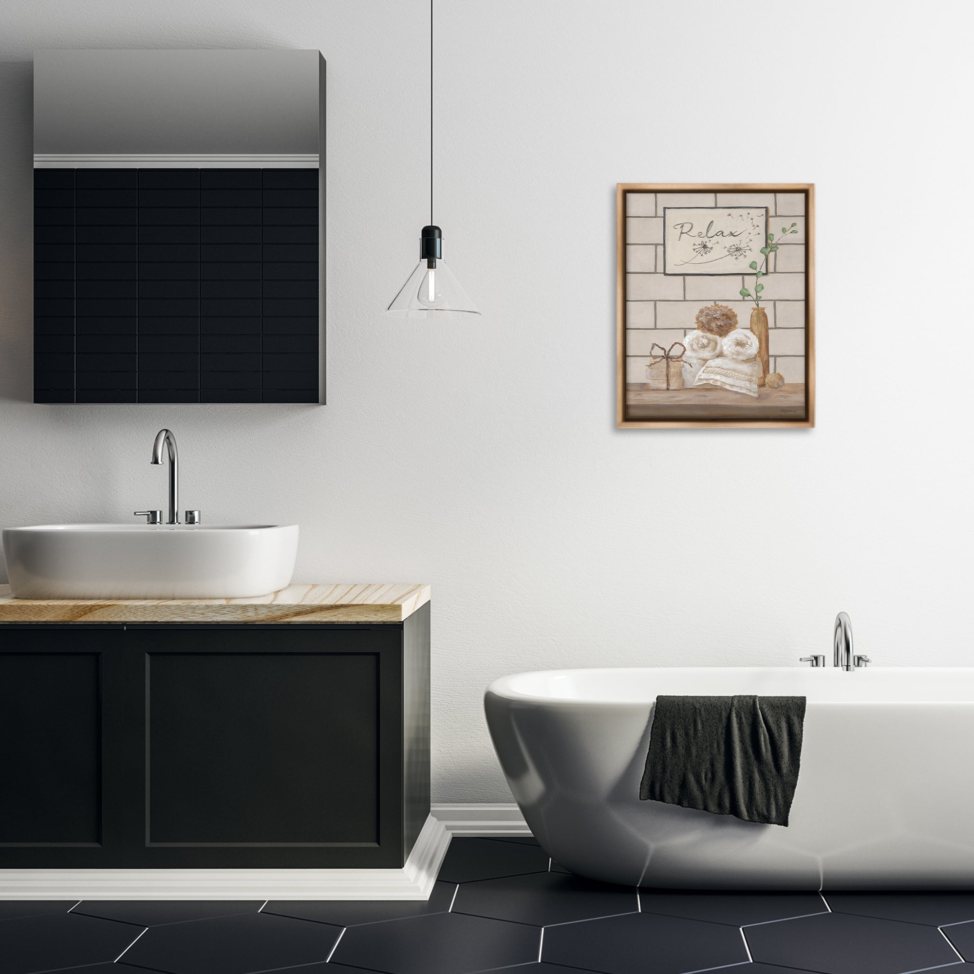 Stupell Industries Relax Bathroom Scene Typography Painting Brown Floater Framed Canvas Art Print Wall Art, 17 x 21