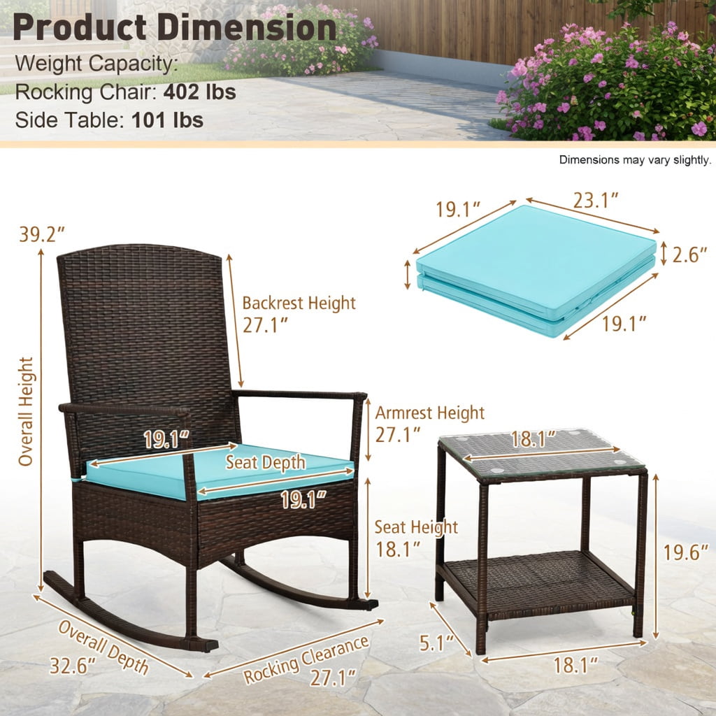 Hommoo 3-Piece Outdoor Patio Rocking Set, Wicker Rocking Chairs with 2-Tier Tempered Glass Coffee Table, Heavy-Duty Metal Frame, All-Weather PE Rattan, Turquoise