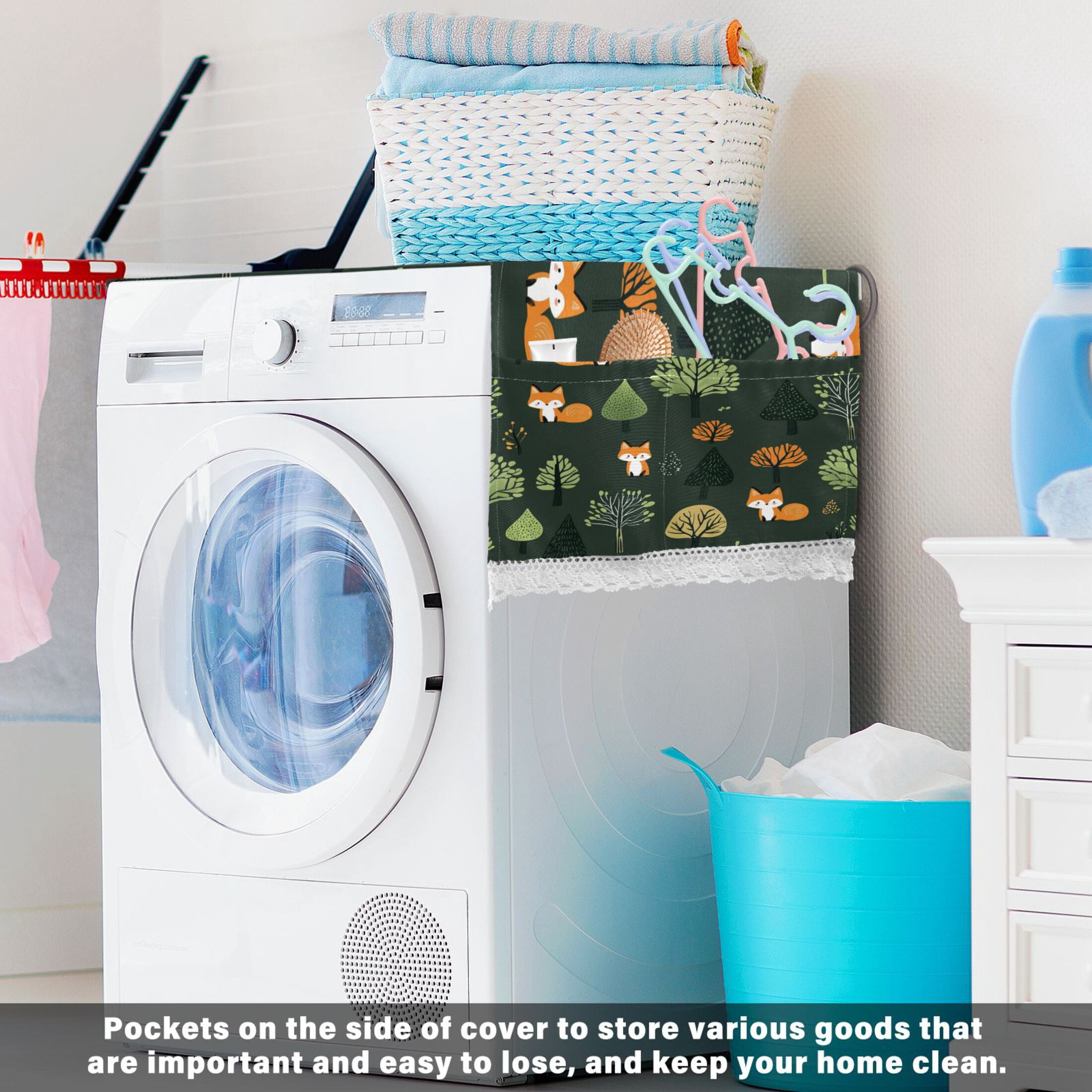Foxes in The ForestWasher and Dryer Covers Dust-Proof and Oil Resistant Fridge Cover with 4 Storage Pockets Washing Machine Top Cover for Laundry Kitchen Home 51.2 x 22 In