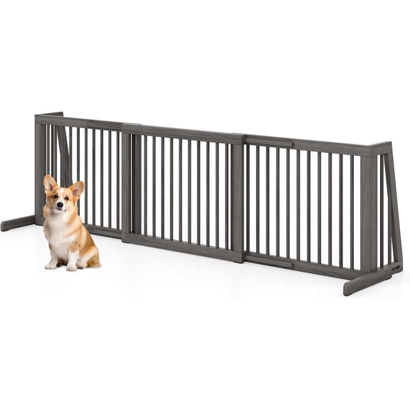GlowPlume Free Standing Retractable Wooden Dog Gate Indoor (Grey) | 28-80 Inch Adjustable Pet Gate | For Small & Medium Sized Dogs | For Doorways, Stairs, Hallway, Kitchen