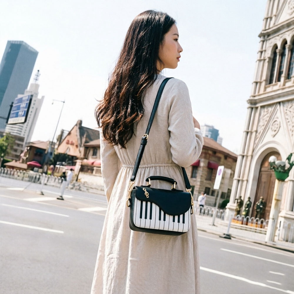 Piano Music Notes PU Leather Shoulder Tote Bag Purse Crossbody Handbag for Women Girls (Black), 14cm