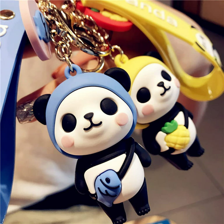 Panda Keychain Toy Keyring 3D Key Holder Silicone Charm + Wrist Strap +  Hook Set