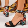 thumbnail image 4 of Sandals for Women Open Square Toe Heels Boho Print Chunky Block Heeled Ankle Strap Pumps Casual Beach Shoes Black Size 9, 4 of 7