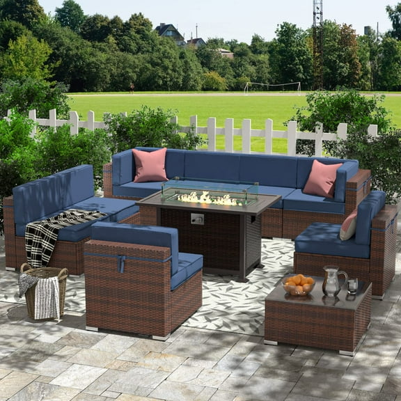 YOUDENOVA 10 Pieces Outdoor Sectional Sofa with Tea Table with Gas Stove Table, PE Rattan Patio Furniture Sets,Navy Blue