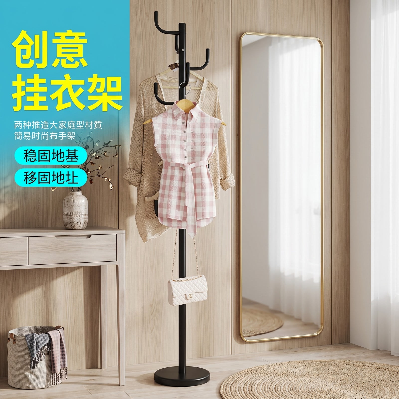 Furnibear Freestanding Coat and Hat Rack Stand with 8 Sturdy Hooks and Weighted Round Metal Base for Entryway and Bedroom, Black