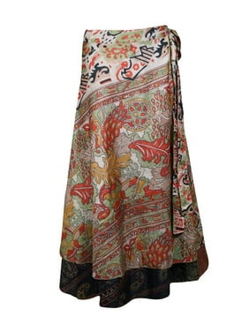 Mogul Women Black,Peach Vintage Silk Sari Magic Wrap Skirt Reversible Printed 2 Layer Sarong Beach Wear Cover Up Long Skirts One Size