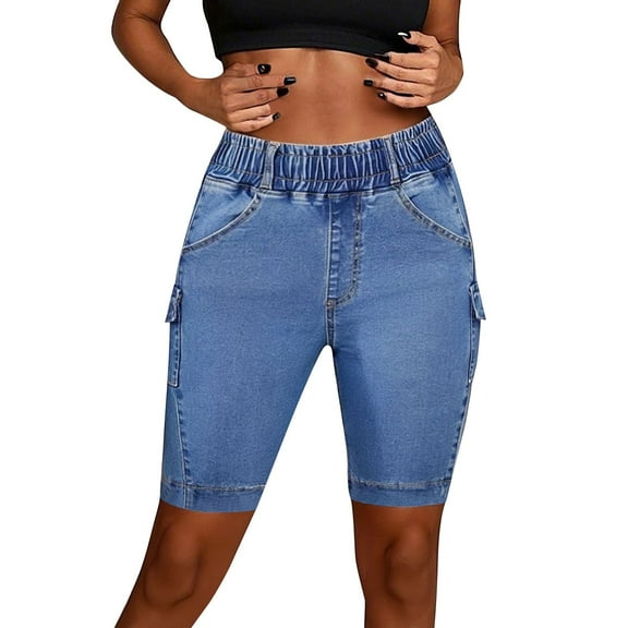 LIIPEE Women Jean Shorts Elastic High Waisted Straight Leg Denim Shorts With Pockets Female Trendy Hiking Travel Jogging Shorts,Blue,L