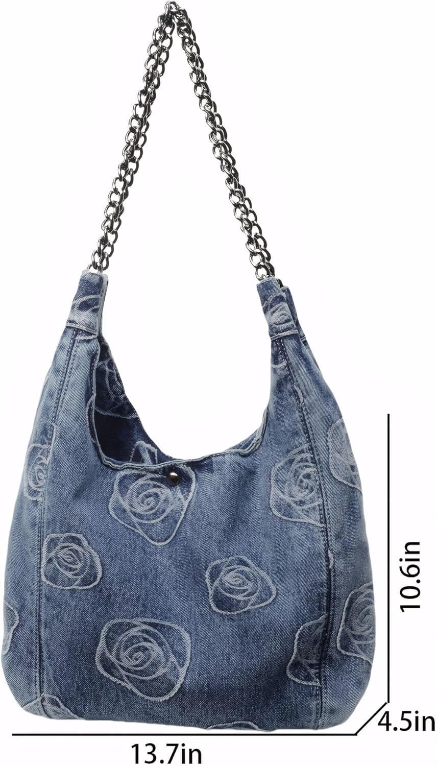Denim Hobo Tote Bag for Women，Jean Casual Shoulder Purse with Floral Pattern、Chain Strap, Blue