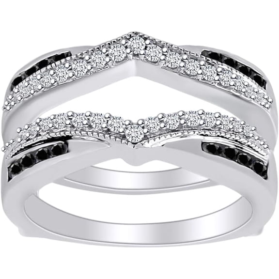 Gems Jewels 14K White Gold Plated 2.00 Ct Round Cut White Diamond & Black Diamond Enhancer Guard Wrap Ring 925 Sterling Silver For Women's -4.5