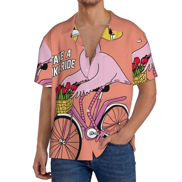 Fotbe Flamingo Riding a Bicycle Camisa Estampada de Manga Corta para Hombre, Casual de Verano, Estilo Playero, Sin Arrugas-4X-Large