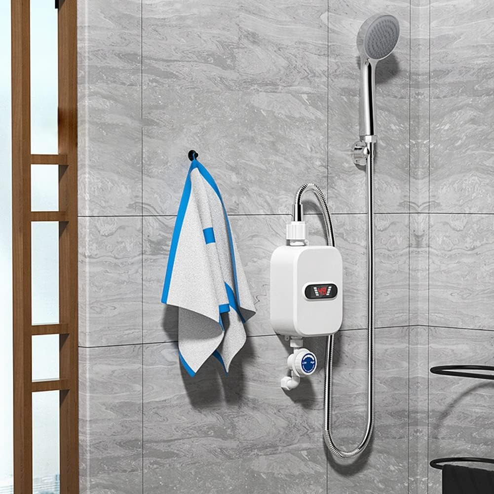 DICEEVIL Electric Tankless Water Heater with Shower Head Set, 3500W Electric Instant Hot Water Heater for Shower, LCD Display Rapid Heating Mini Water Heater for Home Bathroom, White